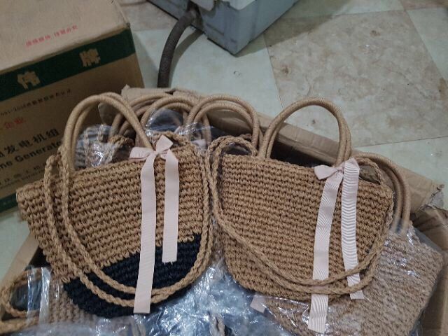 Túi cói buộc nơ vintage