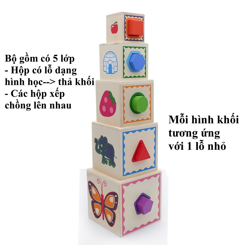 Đồ Chơi Tháp Xếp Chồng Thả Hình Khối Đồ Chơi Gỗ Gồm 5 Lớp Giúp Bé Phát Triển Trí Tuệ