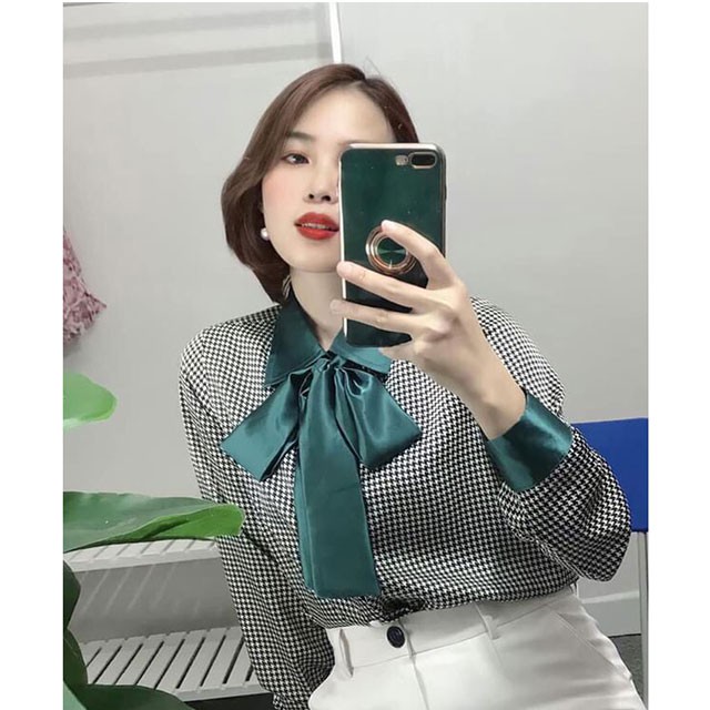 Áo sơ mi kiều nữ chất lụa cao cấp họa tiết caro kèm nơ màu xanh tây đẹp sang chảnh (Cam kết hàng y hình)