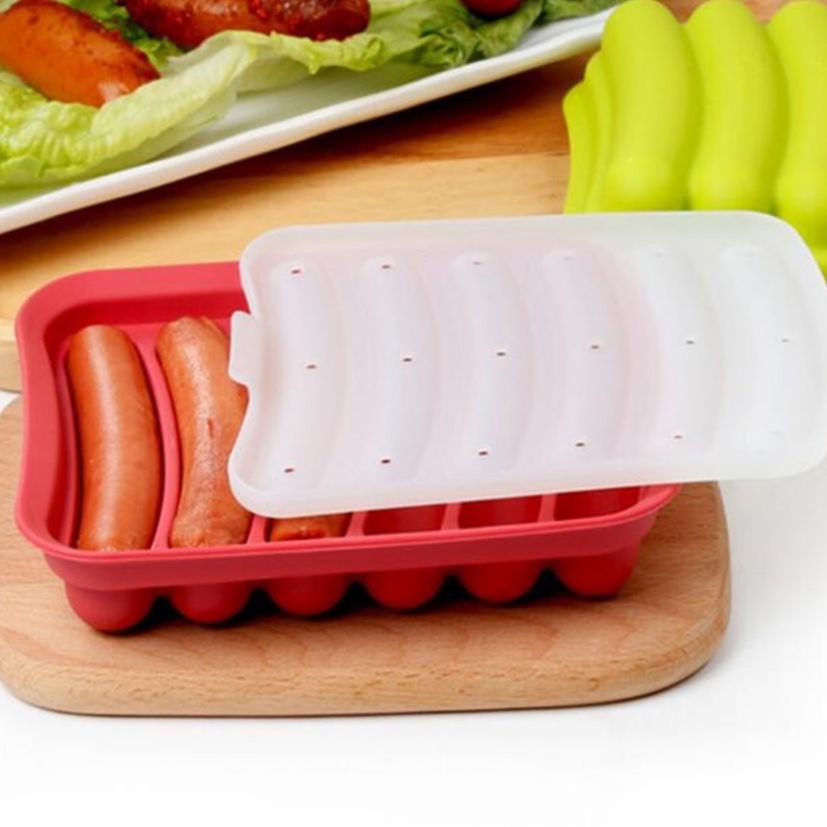 Khuôn xúc xích silicon chịu nhiệt có nắp, khuôn làm xúc xích cho bé ăn dặm