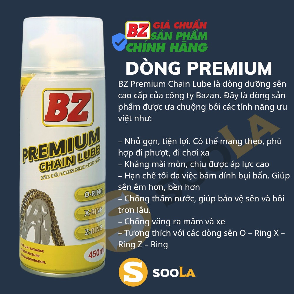 Chai xịt bôi trơn bảo dưỡng sên xích xe máy xe mô tô BZ Premium Chain Lube 450 ml