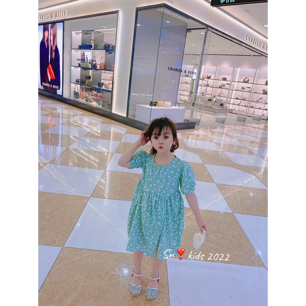 Váy hoa nhí tay bồng bé gái, váy hoa nhí thô bồng bềnh thân váy cách điệu cho bé