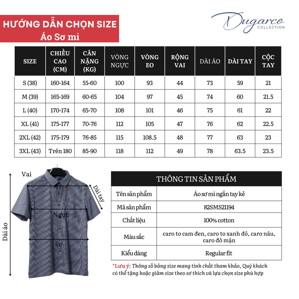 Áo sơ mi nam tay ngắn DUGARCO form Regular fit cotton họa tiết kẻ caro 82SMS21194