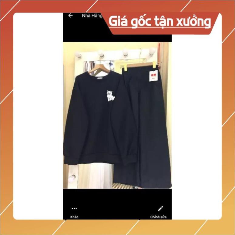 Bộ Set nữ Quần ống rộng vải sạn + Áo Sweater  mèo con Unisex Nỉ lót bông chuẩn ảnh - Bộ Nỉ Đôi - Set Nỉ Đẹp HotTrend | BigBuy360 - bigbuy360.vn