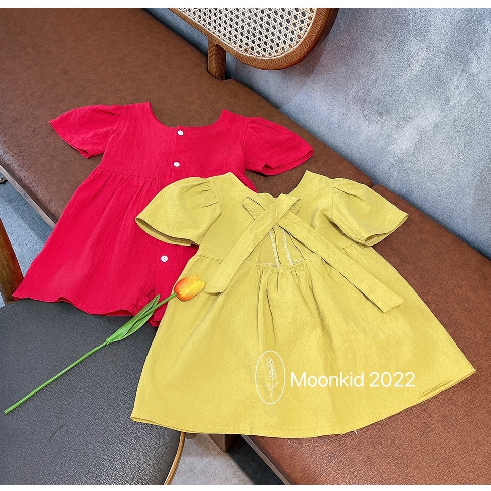 Váy đầm công chúa đũi mềm cao cấp cài khuy tay bồng nơ lưng cho bé gái cho bé 8-20kg