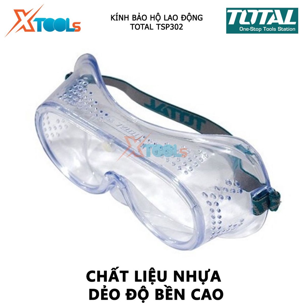 Kính bảo hộ lao động TOTAL TSP302 kính nhựa dẻo chống bụi Màu tròng kính trong suốt, Có khung nhựa PVC mềm và nhẹ