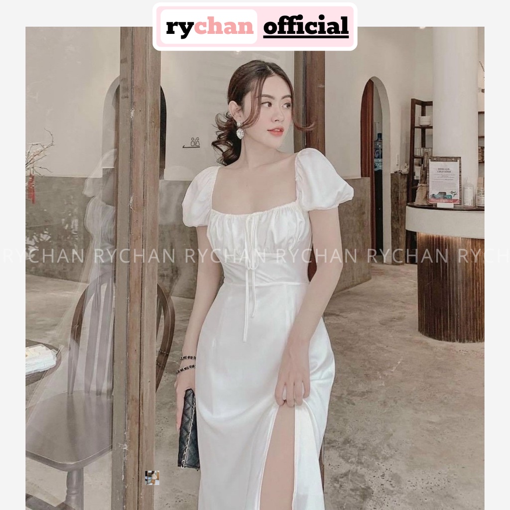 Đầm Xòe Midi Trắng Ngực Nhún Thắt Nơ Xẻ Tà Lót Trong Dày Dặn  - DX9967