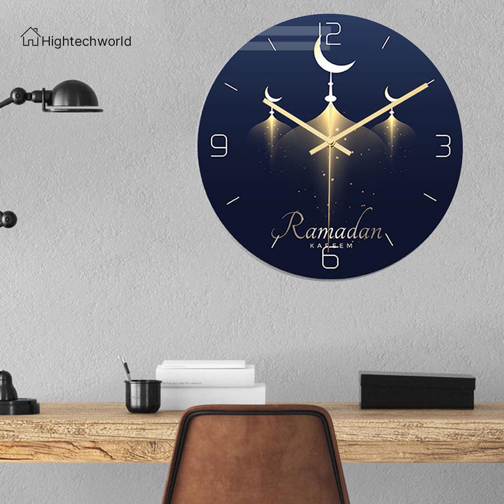 Hightechworld Muslim Moon Mosque Pattern Clock Frameless Round Wall Clock Ramadan Decor
