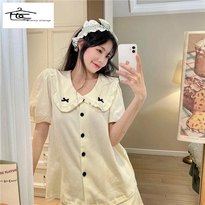 Bộ Đồ Ngủ Ngắn Tay Cổ Búp Bê Thắt Nơ Phong Cách Thời Trang Mới Dành Cho Nữ