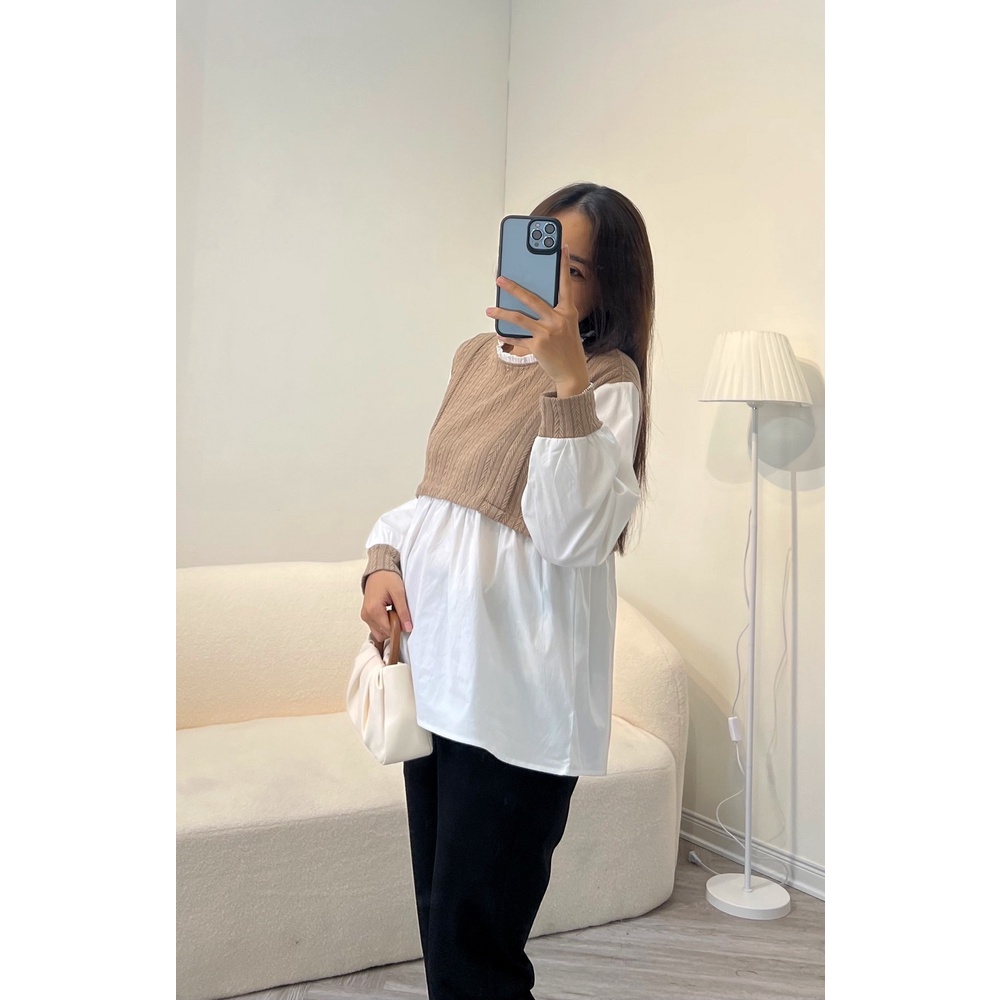 Áo bầu phối vải len xương cá BONE TOP có khóa cho bé ti, phù hợp mùa thu đông cho mẹ đi làm, đi chơi by L