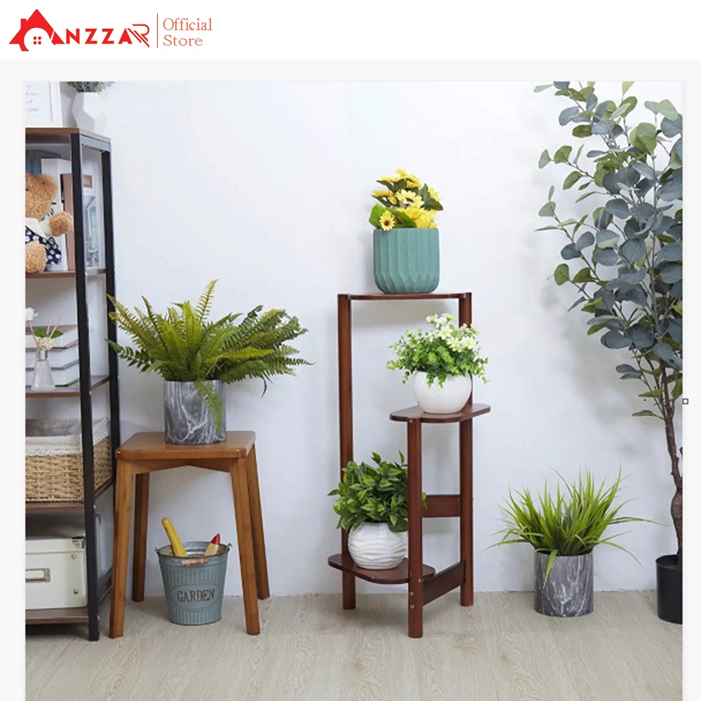 Kệ gỗ 3 tầng đỡ chậu cây, chậu hoa trang trí nhà cửa Anzzar