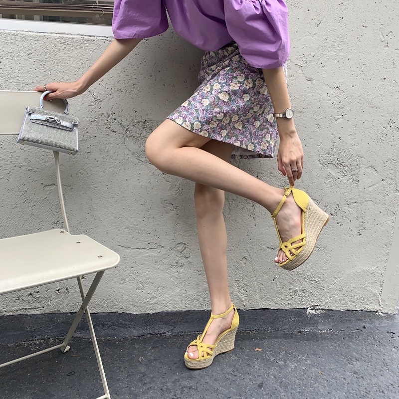 Giày Sandal Cao Gót Đế Xuồng Bằng Dây Rơm Bện Phong Cách Âu Mỹ 2022