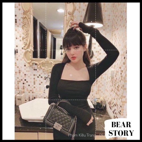 Áo Croptop Kiểu Nữ Tay Dài Cổ Vuông Chất Thun Borip Mịn Có Mút Ngực Style Sexy | bear.story