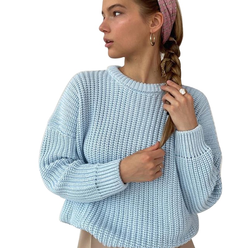 Áo Sweater Dệt Kim Tay Dài Cổ Tròn Màu Sắc Đơn Giản Cho Nữ
