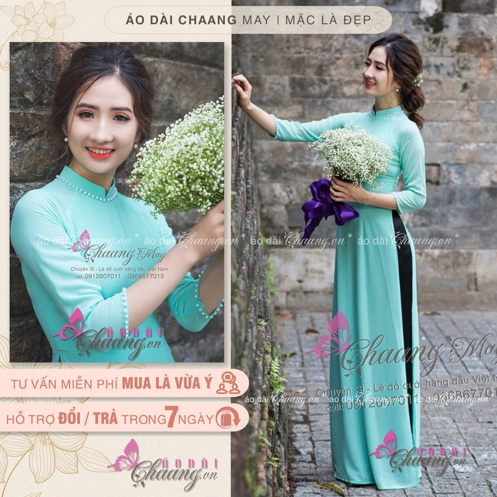 Áo dài màu xanh ngọc Chaang may sẵn vải áo dài lụa truyền thống đính hạt kèm quần