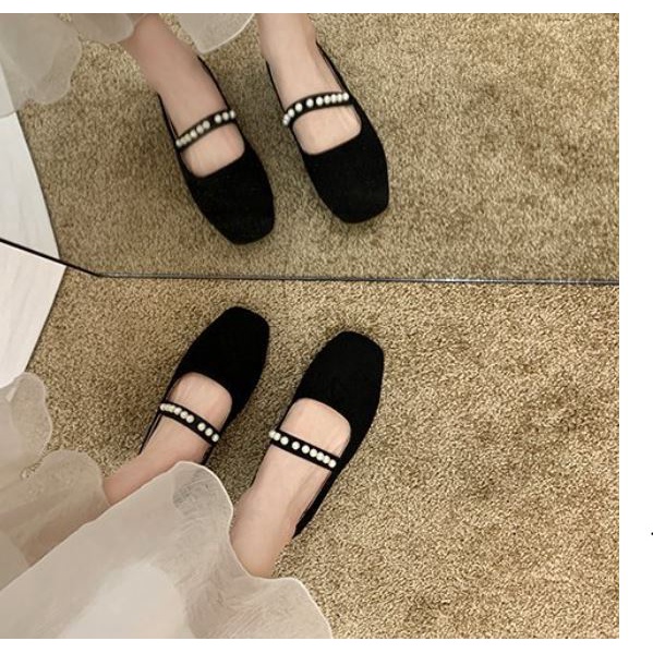 Giày bệt búp bê nữ đế bằng chất dạ mũi vuông phong cách vintage Hàn Quốc giá rẻ - Mã GB41