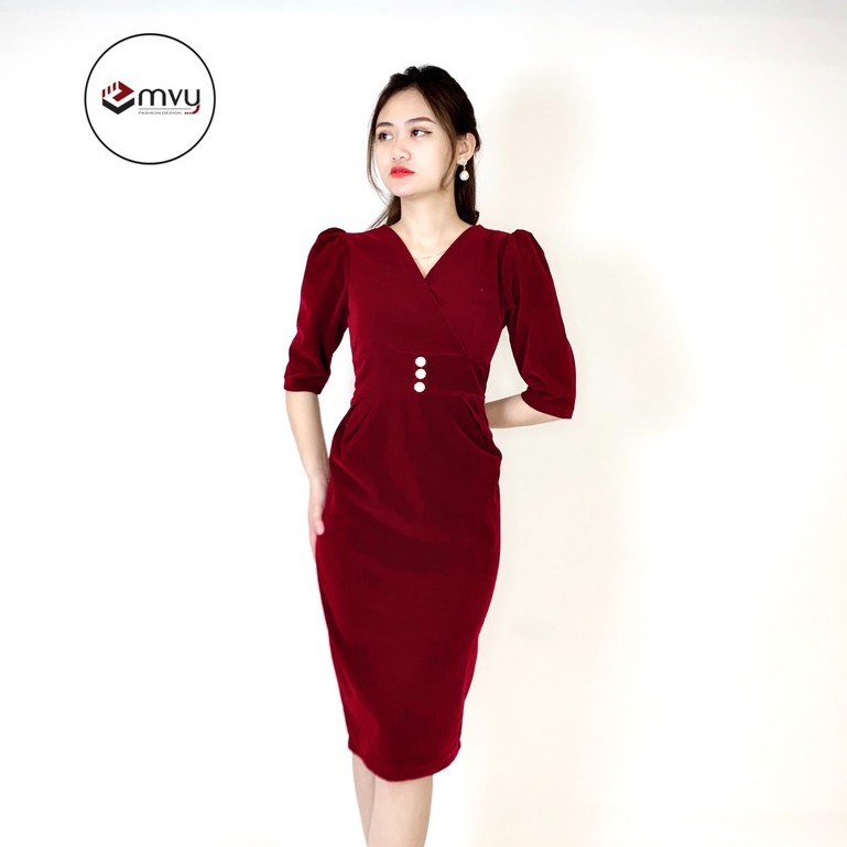 [Mã WASTGO hoàn 10% xu đơn 99k] Váy nhung Thiết kế cổ V tay bồng Emvy - V92 | BigBuy360 - bigbuy360.vn