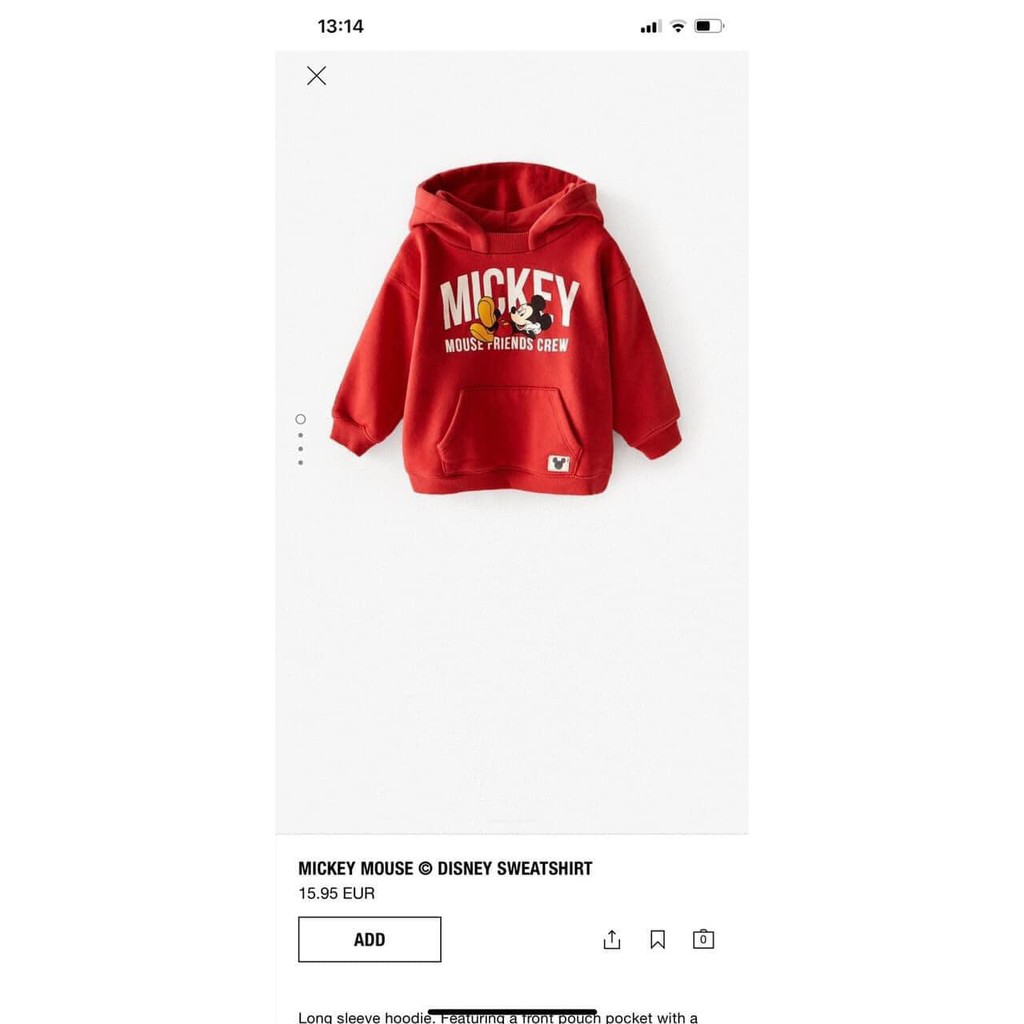 Áo nỉ Hoodie liền mũ Mickey Zara cực đẹp, cực cool