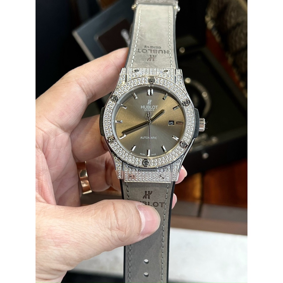 Đồng hồ nam Hublot Geneve Collection 40mm máy cơ Miyota Nhật, Full đá, thép không gỉ 316l, dây da cá sấu