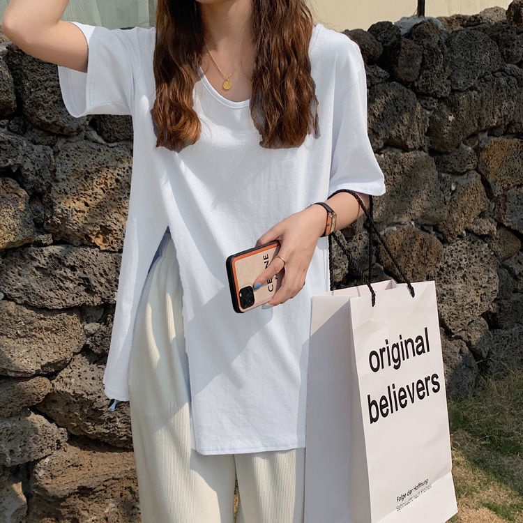 Áo Thun Tay Ngắn Cổ Chữ U Dáng Rộng Xẻ Tà Thời Trang Mùa Hè Hàn Quốc Mới Dành Cho Bạn Nữ