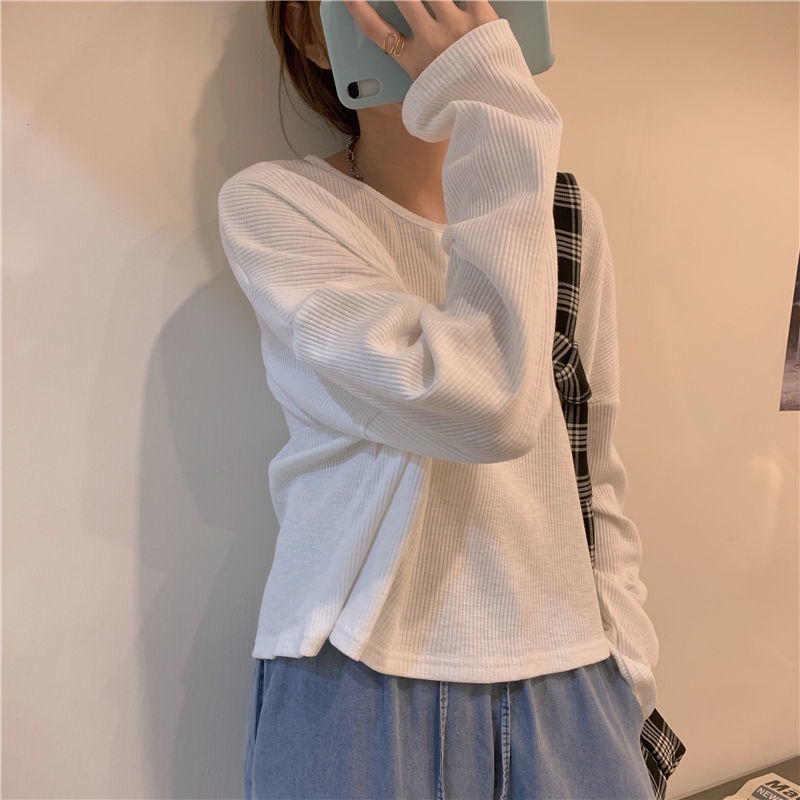 Áo Thun Dài Tay Dáng Rộng Phối Nút Cá Tính Theo Phong Cách Hàn Quốc