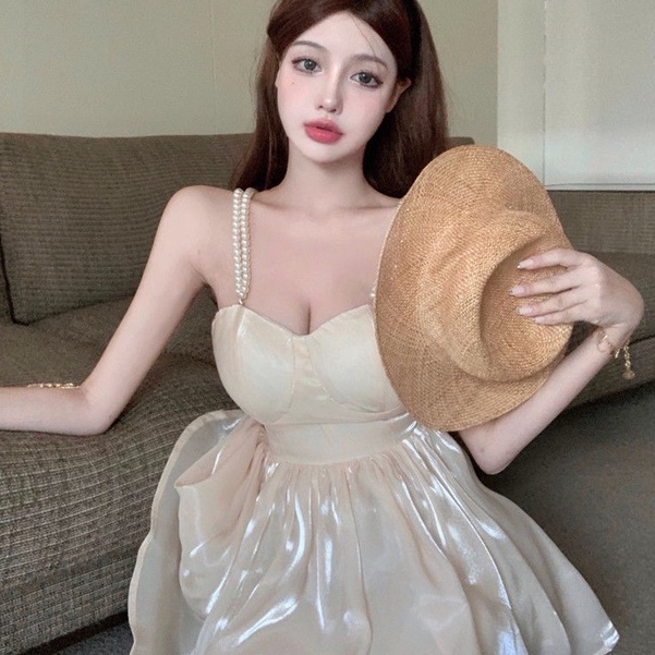 [MURIOKI] Đầm Lụa Hai Dây Dáng Chữ A Lấp Lánh Phong Cách Pháp Thời Trang Dự Tiệc Cho Nữ
