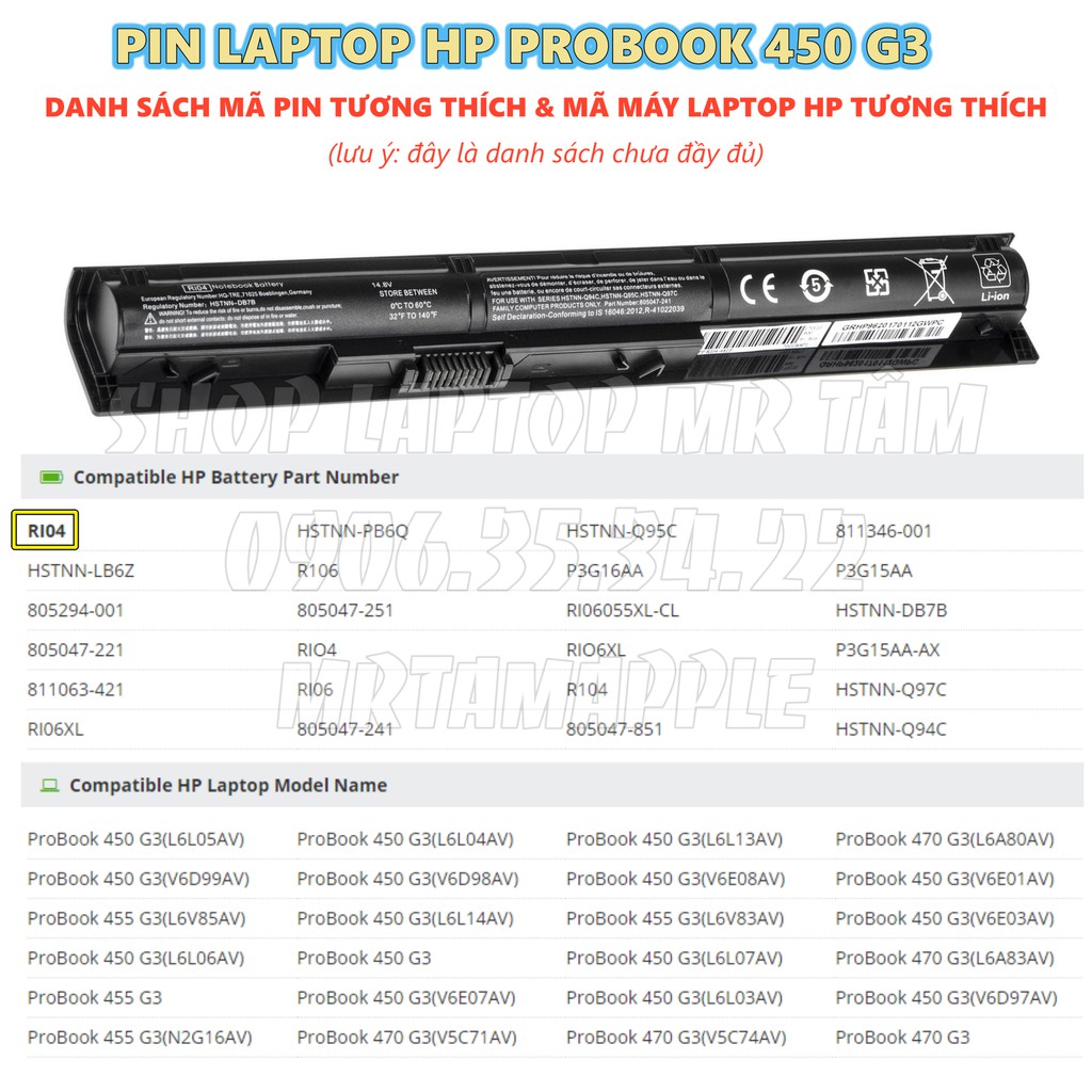 Pin Laptop HP PROBOOK 450 G3 (RI04) - 4 CELL - ENVY 15 q000, ProBook 450 G3, 455 G3, 470 G3