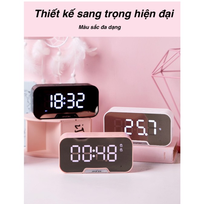 Loa bluetooth kiêm đồng hồ, radio FM, báo thức màn hình soi gương hiện đại