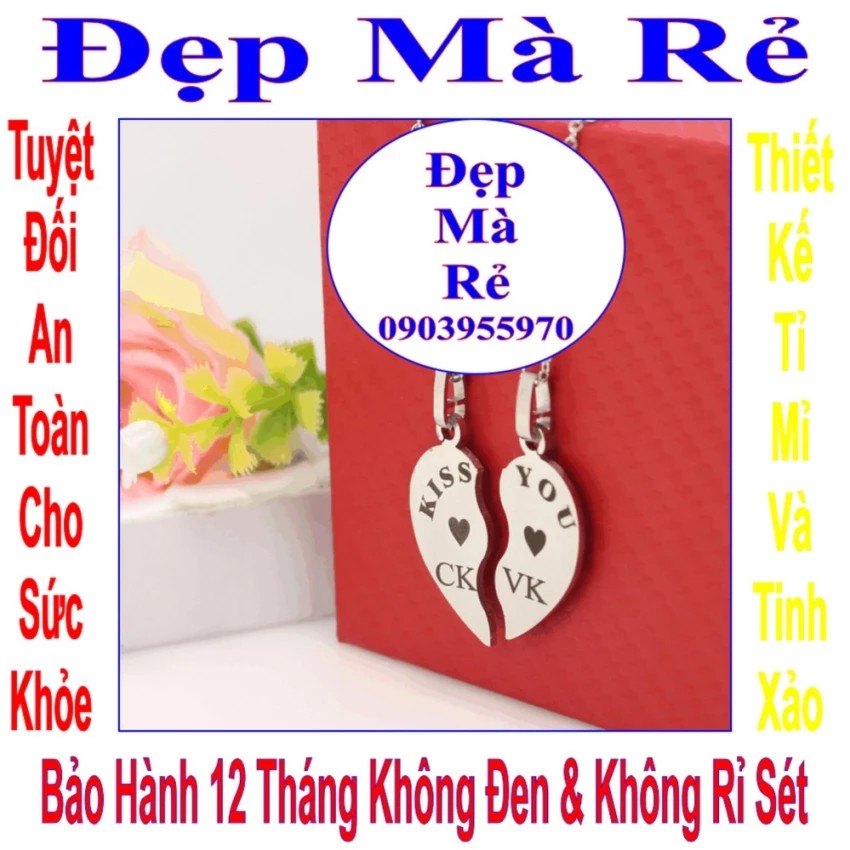 Dây chuyền cặp hình trái tim 2 mảnh ghép tim khắc chữ CK / VK và chữ KISS YOU - Giá bán trên = 2 sợi