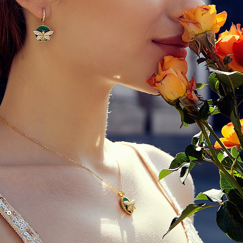 Dây chuyền/ Khuyên tai Bamoer bằng bạc 925 mặt ong đính đá Malachite thời trang cho nữ