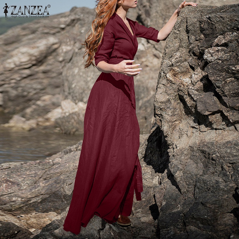 Đầm maxi ZANZEA dài tay cổ chữ v màu trơn thời trang cho nữ