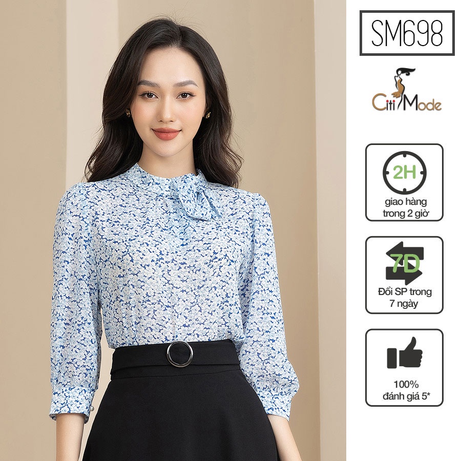 Áo sơ mi hoa nhí xanh dương tay lỡ cổ nơ SM698