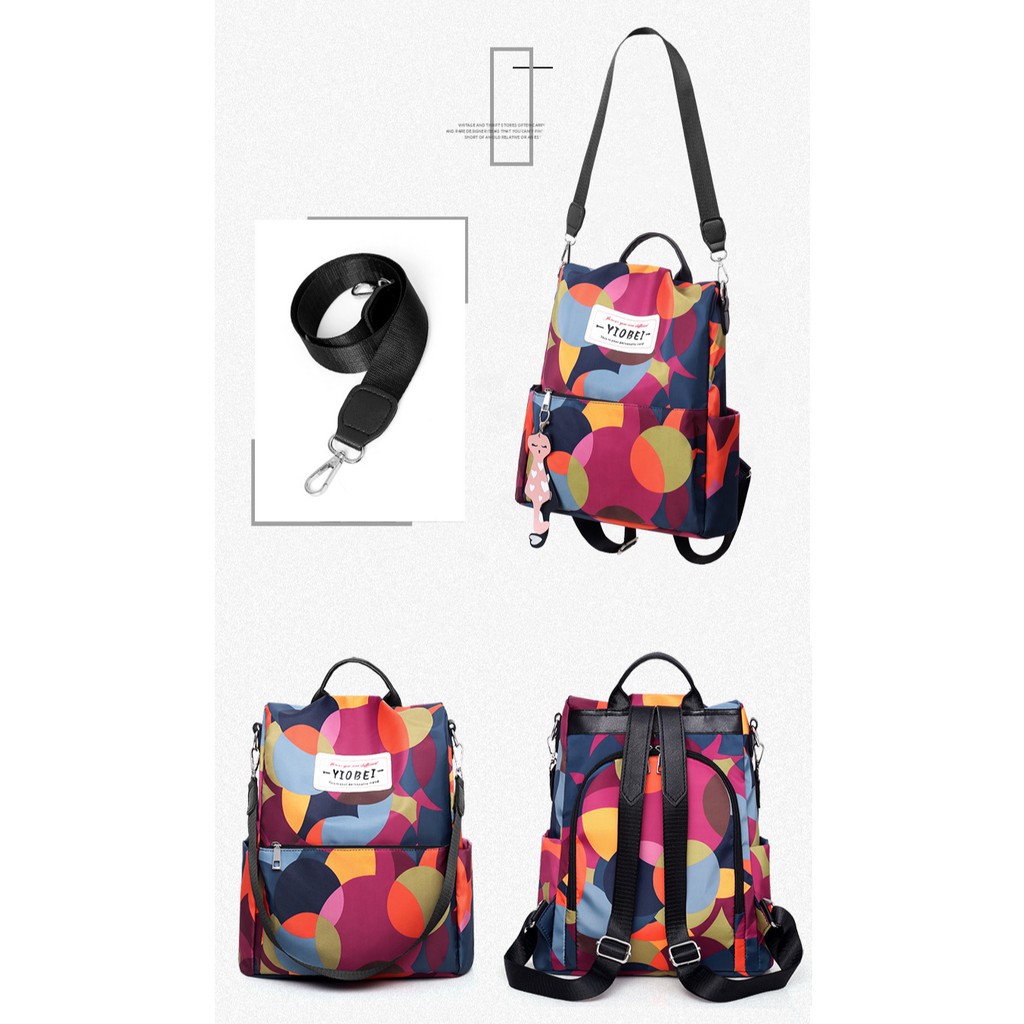 Balo dù chống nước kiêm túi xách chất dù ngũ sắc cầu vòng tặng Móc khoá mèo may mắn