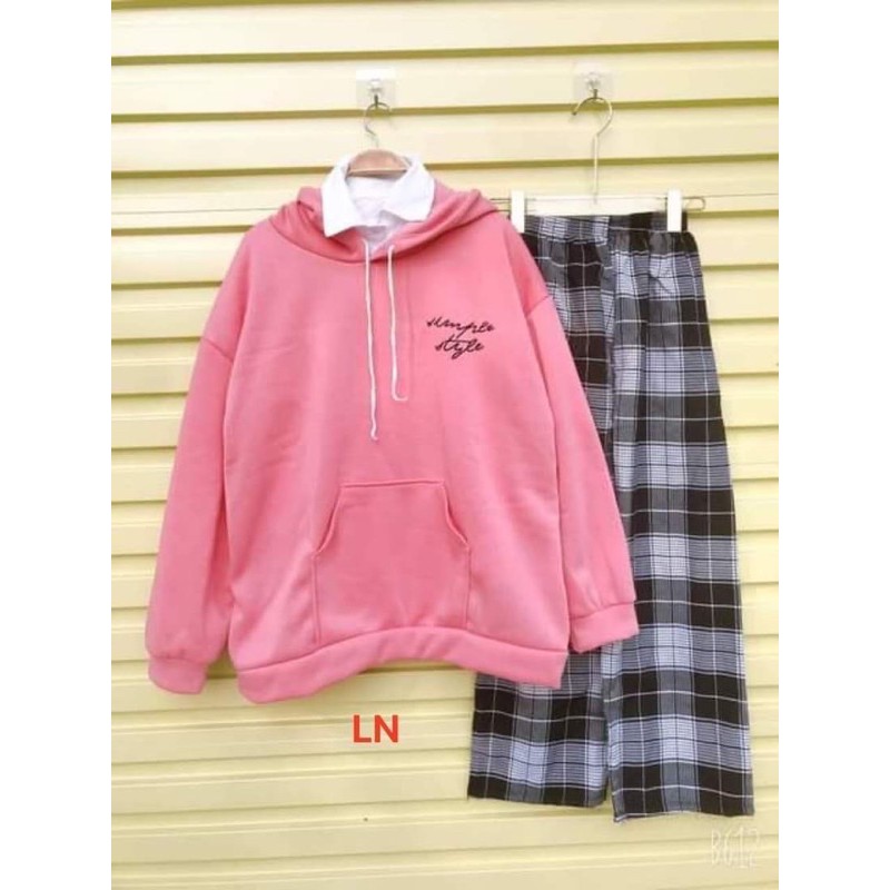 Áo hoodie chữ kí + quần kẻ đen LN11