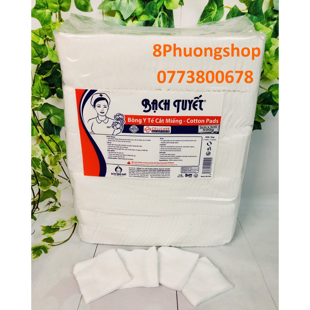 Bông Y tế cắt miếng 0,5kg kích thước 5x5cm - Hàng Chính Hãng Bông Bạch Tuyết