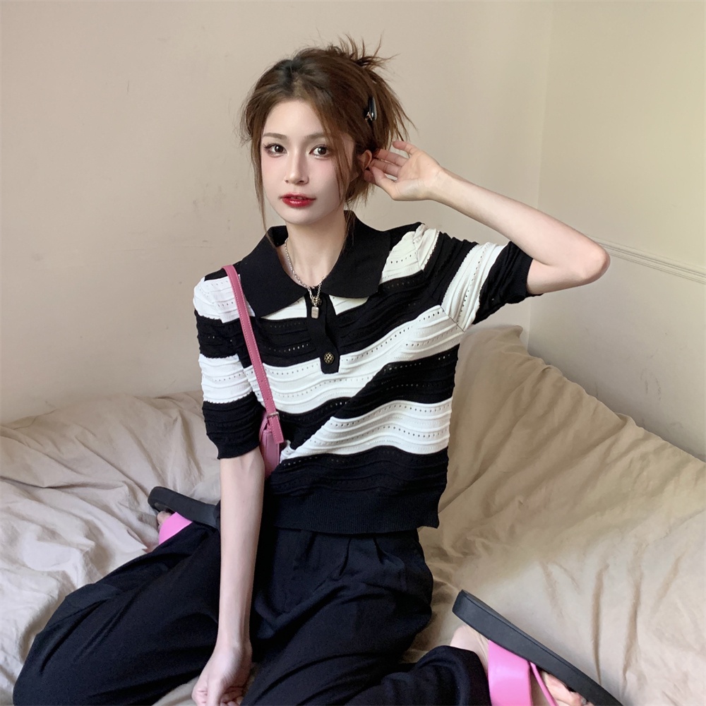 Áo thun ZHELIHANGFEI dệt kim cổ polo tay ngắn dáng rộng kẻ sọc ngang màu sắc tương phản cá tính