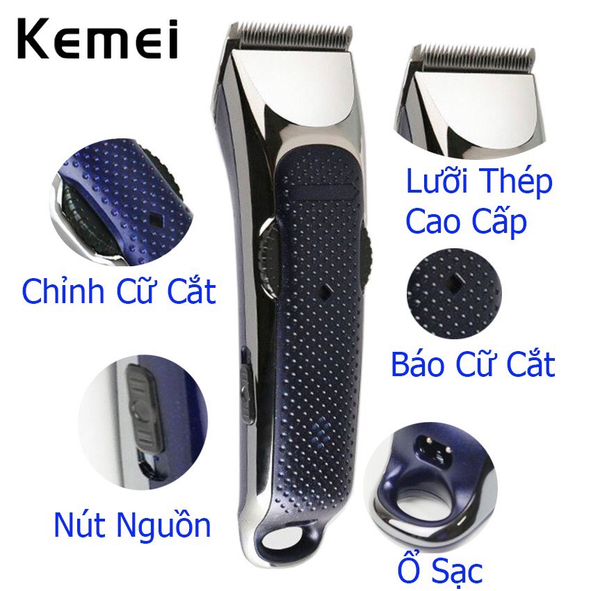 Tông đơ cắt tóc dành cho gia đình và salon kemei KM - 5020 màu xanh phối bạc có thể điều chỉnh lưỡi
