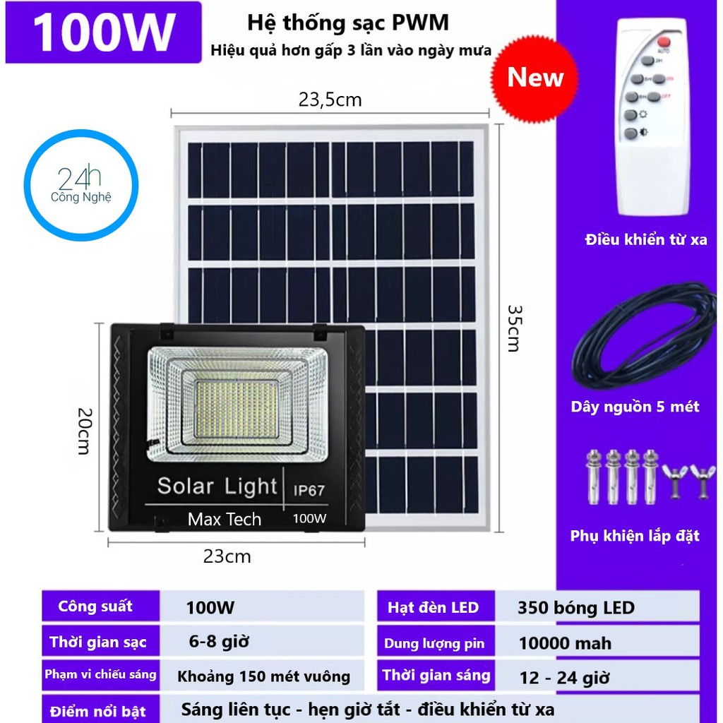 ĐÈN NĂNG LƯỢNG MẶT TRỜI 100W - 180W - 80W - 60W - 45W MAX TECH SOLAR LIGHT - ĐIỀU KHIỂN TỪ XA - PIN SẠC TRỌN DỜI - D1147