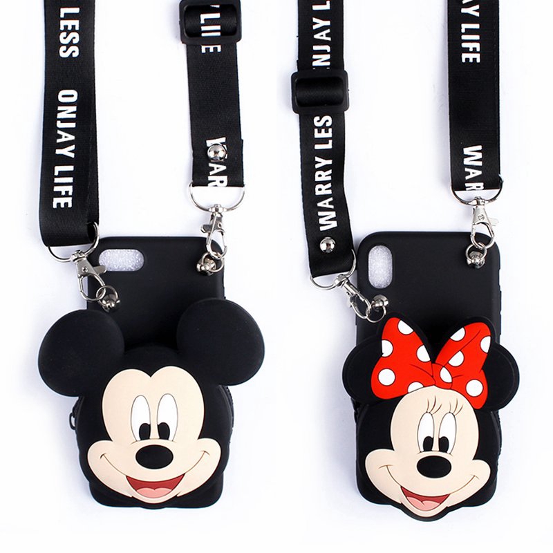 Ốp điện thoại có gắn ví hình Mickey/Minnie kèm dây đeo cho iPhone 11 Pro Max X XS XR XS Max 5 6 7 8 Plus