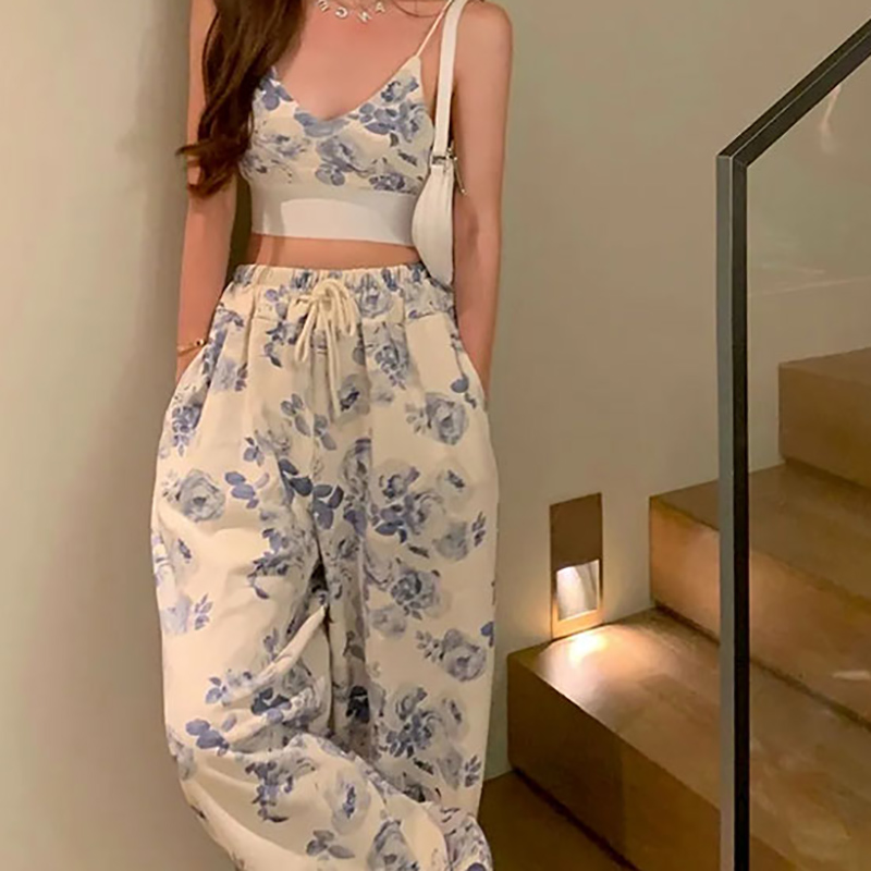 IELGY Set Áo Dây Nữ Cộc Tay Cổ Tròn + Quần Dài Bó Sát Lưng Cao Thời Trang Nữ