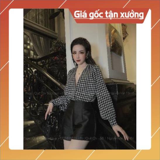 Set áo sơ mi quần ống rộng,Áo sơ mi nhún vai kèm quần tacta ống rộng