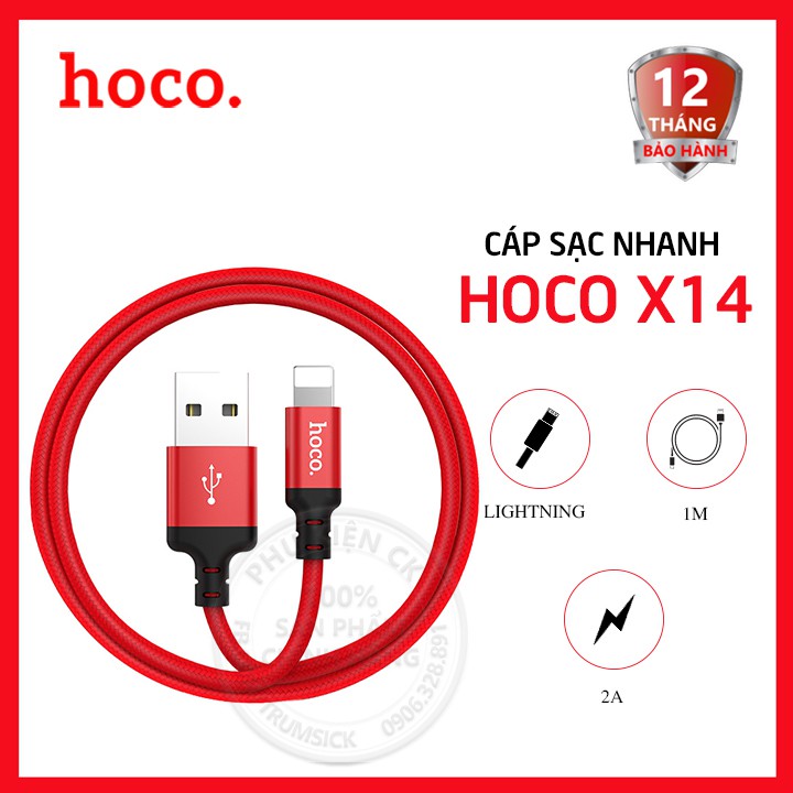 Cáp sạc nhanh Hoco X14 Lightning 1.7-2.0A - Dành cho điện thoại Iphone