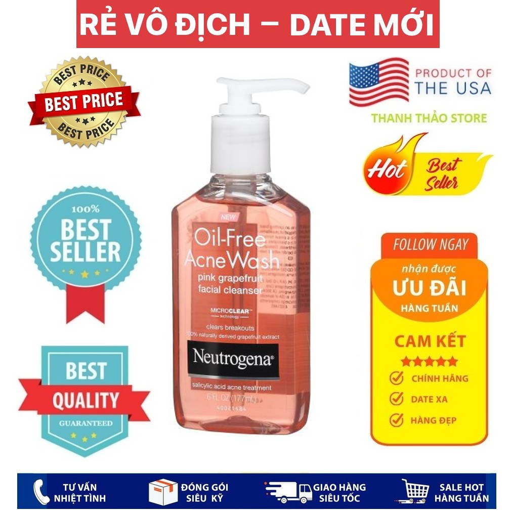[USA Official] Sữa Rửa Mặt Neutrogena Oil Free Acne Wash Pink Grapefruit Facial Cleanser 177ml