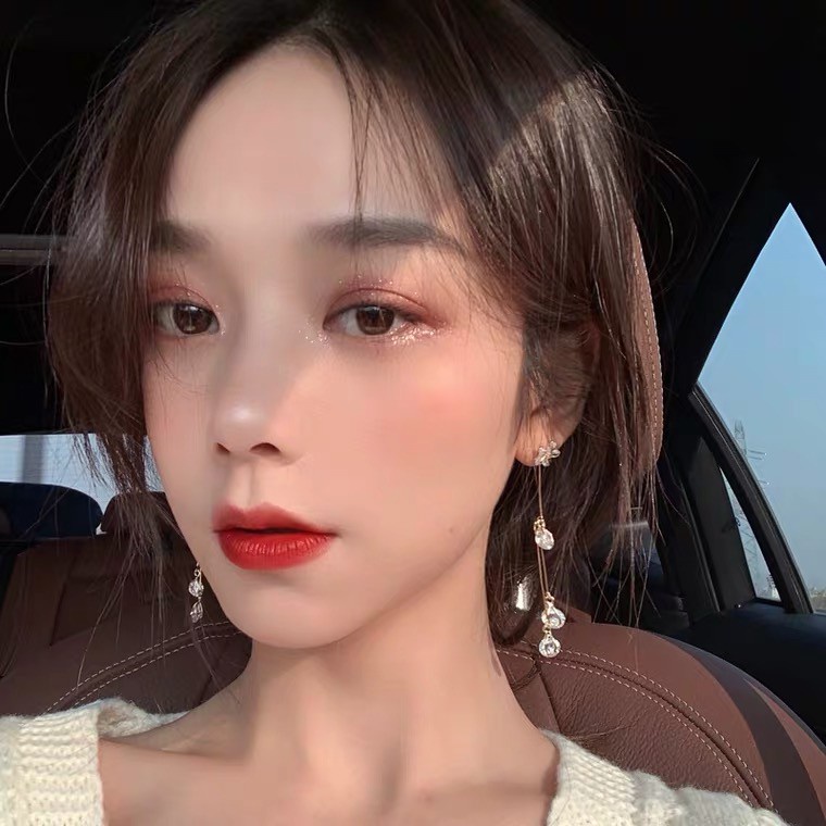 Bông tai kim bạc 925 dáng dài hình hoa đính đá zircon phối tua rua phong cách Nhật Hàn