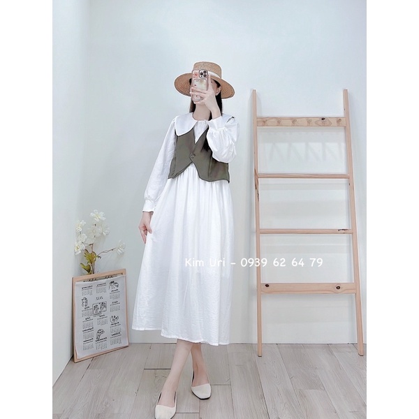 [Sẵn] Đầm sơ mi cổ bèo form baby doll tay dài kèm áo ghile 2 màu ulzzang