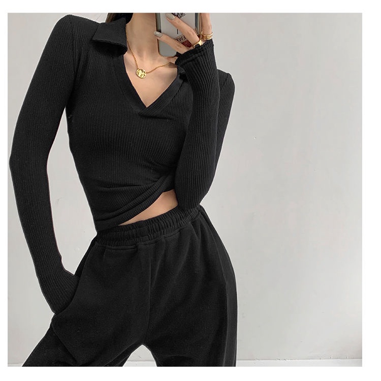 COZOK Áo kiểu polo COZOK tay dài cổ chữ V ôm dáng co giãn phong cách vintage quyến rũ dành cho nữ