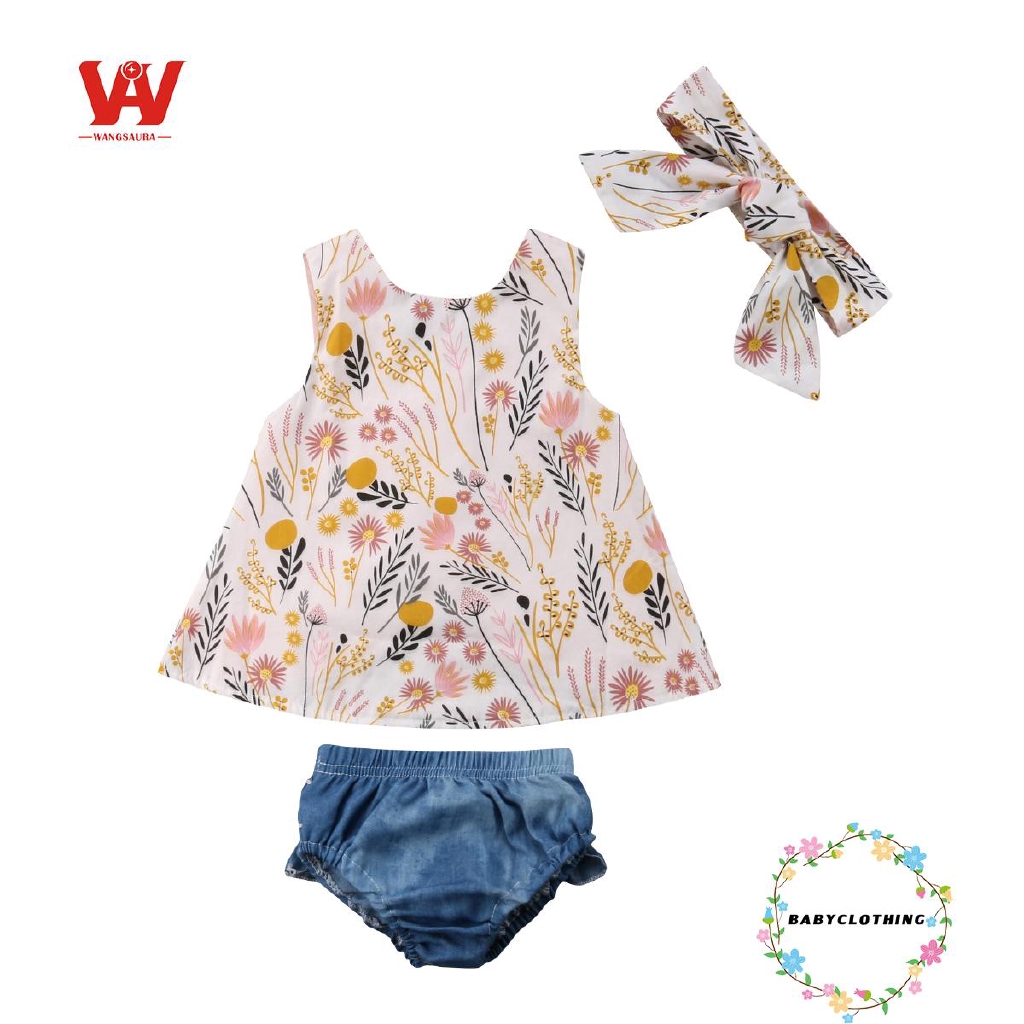 Set Áo Sát Nách In Hoa+Quần Short Denim+Băng Đô Cho Bé Gái