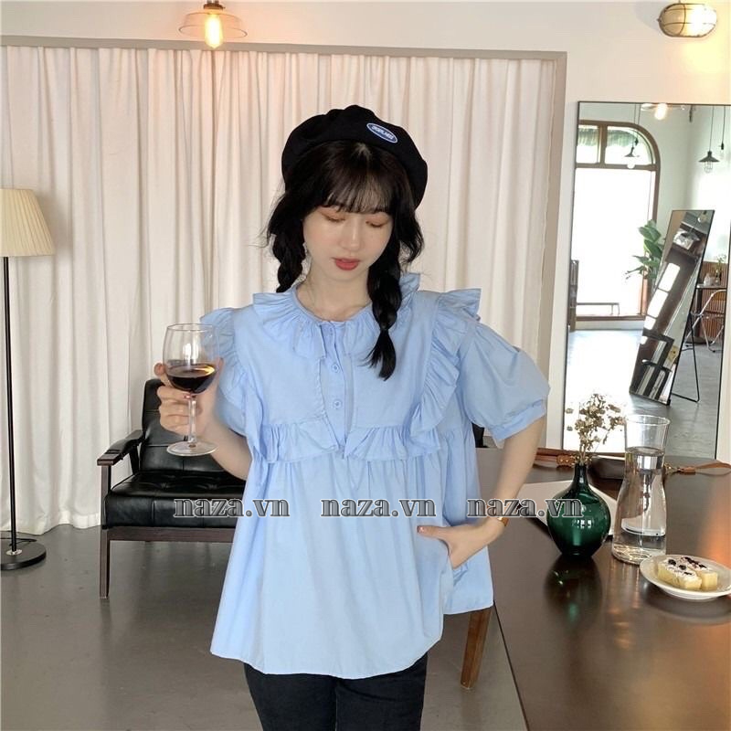 Áo Baby Doll Tiểu Thư Sang Chảnh Ngắn Tay , Thiết Kế Cổ bèo 2 Lớp Form áo rộng dễ phối đồ  chất đũi hàn .
