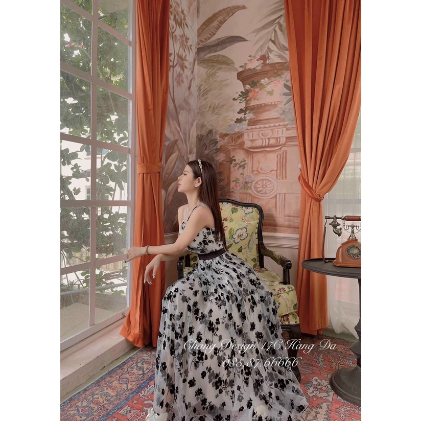 Maxi cổ tim họa tiết hoa lá xinh xắn