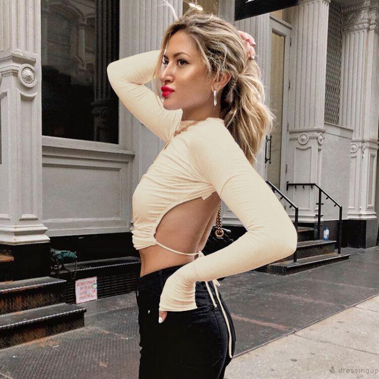 DRESSINGUP - Áo Croptop Tay Dài Phối Lưới Xuyên Thấu Thiết Kế Hở Lưng Quyến Rũ